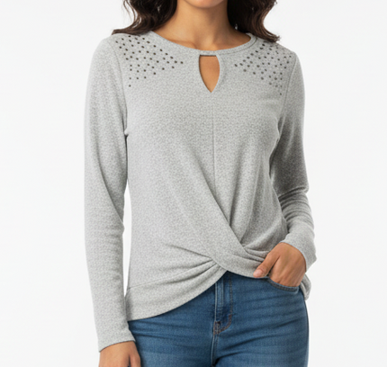 Absolutely Famous Gray Studded Keyhole Neck Top - Size M - New Without Tags