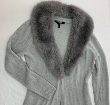 White House Black Market Grey Long Sweater with Removable Fur - Size Small