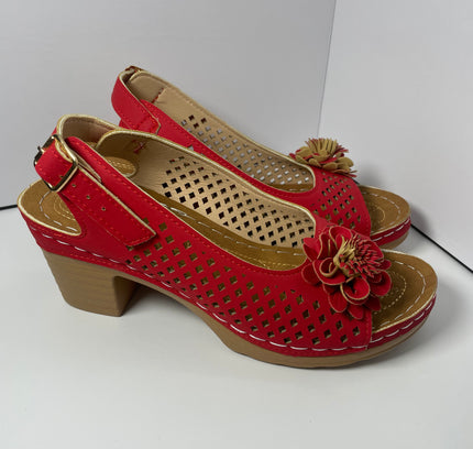 Red Perforated Slingback Sandals with Floral Detail - Size 7.5