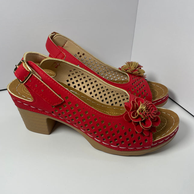 Red Perforated Slingback Sandals with Floral Detail - Size 7.5