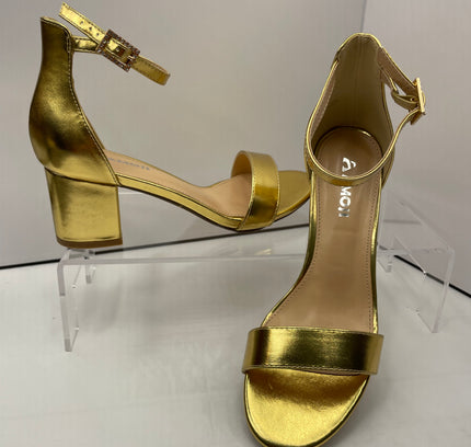 Amoji Gold Metallic Block Heel Ankle Strap Sandals - Size 37 (US 6.5-7)