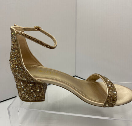 Champagne Rhinestone Block Chunky Heel Ankle Strap Sandals - Size 8.5 Dream Pairs