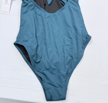 Charmo Ribbed Ruffle One-Piece Swimsuit - Teal Blue SMALL