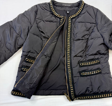 White House Black Market Black Quilted Puffer Jacket with Gold Chain Trim - Size Large