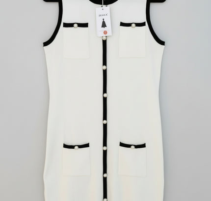 Zesica White Sleeveless Knit Dress with Black Trim & Pearl Buttons - Size M