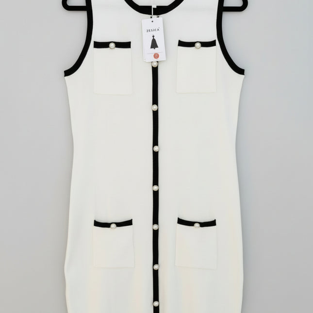 Zesica White Sleeveless Knit Dress with Black Trim & Pearl Buttons - Size M