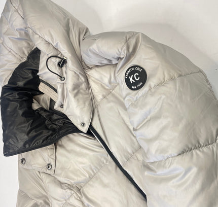 Kenneth Cole Light Grey & Black Hooded Puffer Jacket - Size Small