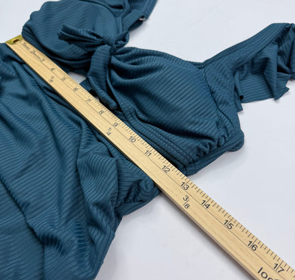 Charmo Ribbed Ruffle One-Piece Swimsuit - Teal Blue SMALL