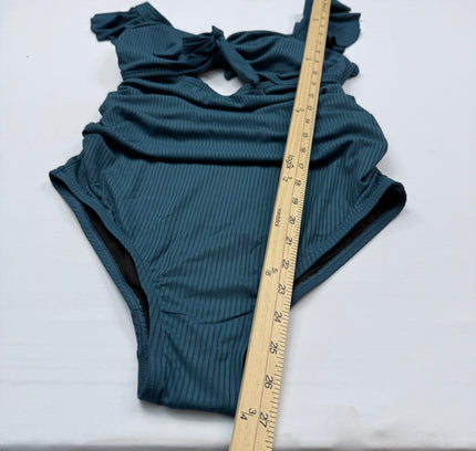 Charmo Ribbed Ruffle One-Piece Swimsuit - Teal Blue SMALL