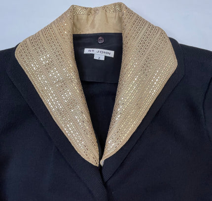 St. John Black Knit Jacket with Gold Collar & Removable Details - Size 2