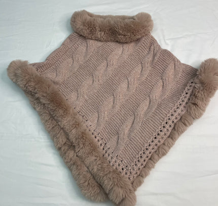 Le Moda Blush Cable Knit Poncho with Fur Trim - One Size -With Tags