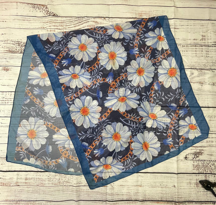 Navy Floral Silk Scarf - White Daisy Print