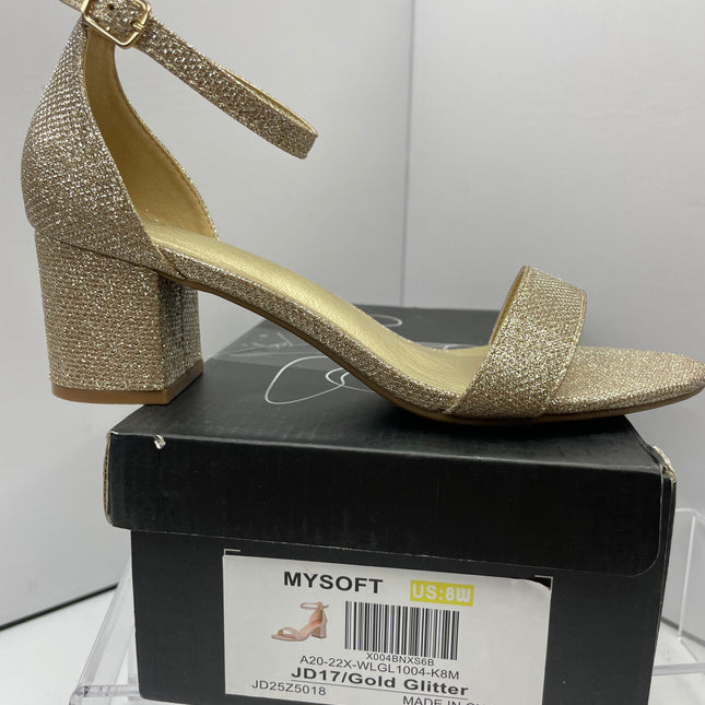 MYSOFT Gold Glitter Block Heel Ankle Strap Sandals - Size 8W