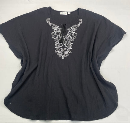 Denim & Co. Black Embroidered Boho Peasant Top - Size XL