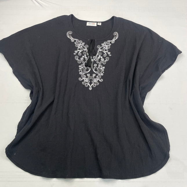 Denim & Co. Black Embroidered Boho Peasant Top - Size XL
