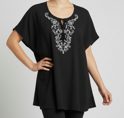 Denim & Co. Black Embroidered Boho Peasant Top - Size XL