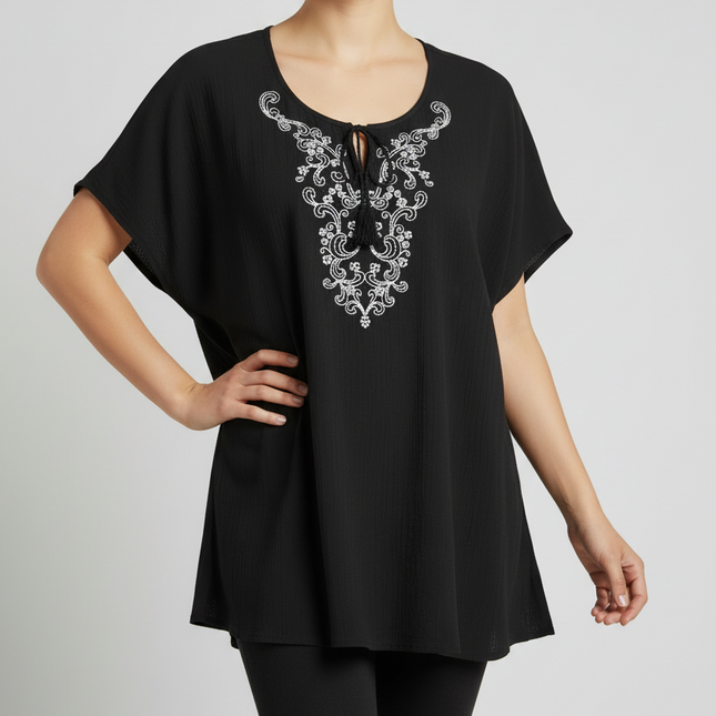 Denim & Co. Black Embroidered Boho Peasant Top - Size XL