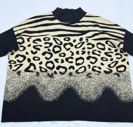Frank Lyman Mixed Animal Print Sweater - Black & Tan - Size XL /TG