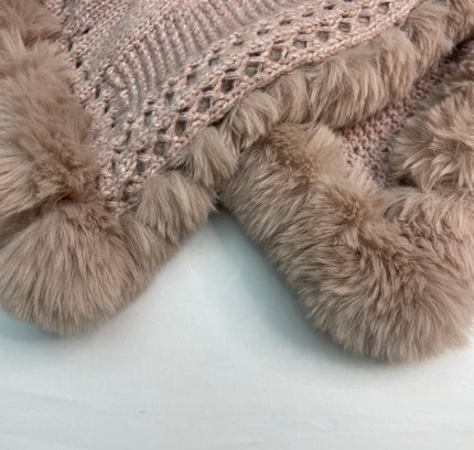Le Moda Blush Cable Knit Poncho with Fur Trim - One Size -With Tags