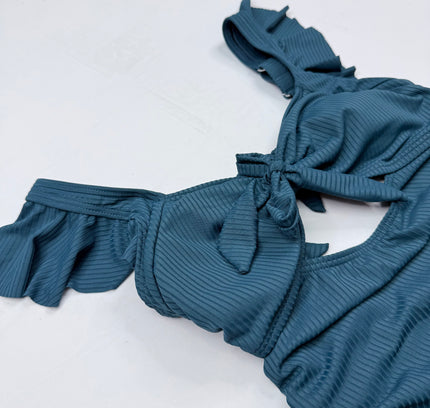 Charmo Ribbed Ruffle One-Piece Swimsuit - Teal Blue SMALL