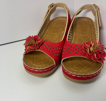 Red Perforated Slingback Sandals with Floral Detail - Size 7.5