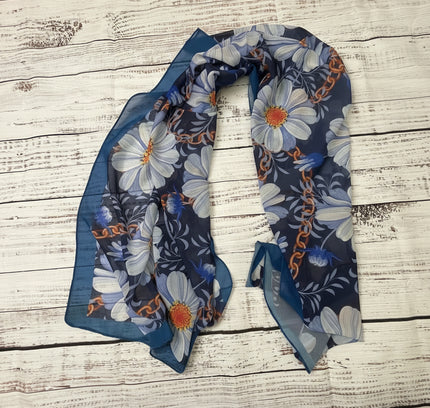 Navy Floral Silk Scarf - White Daisy Print