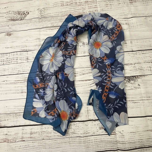 Navy Floral Silk Scarf - White Daisy Print