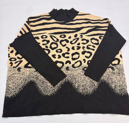 Frank Lyman Mixed Animal Print Sweater - Black & Tan - Size XL /TG
