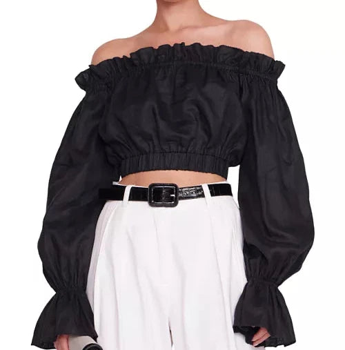 STAUD Tristan Black Linen Off-the-Shoulder Crop Top - Size M - Excellent Condition
