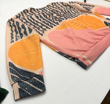 Retro Abstract Geometric V-Neck Long sleeve Top - Multicolor - Size XL