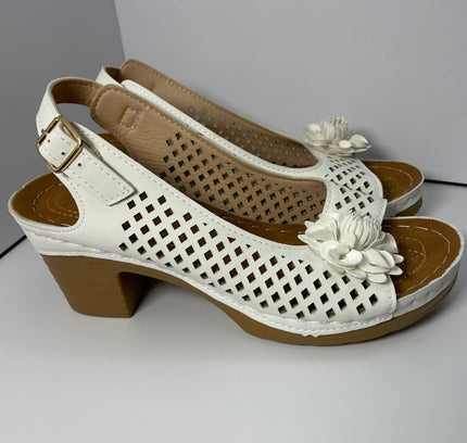 White Perforated Slingback Sandals with Floral Detail - Size 7.5