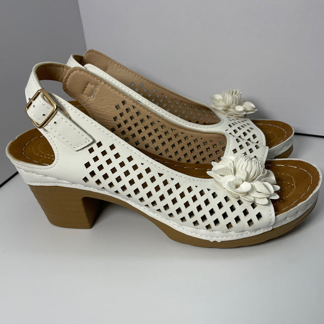 White Perforated Slingback Sandals with Floral Detail - Size 7.5