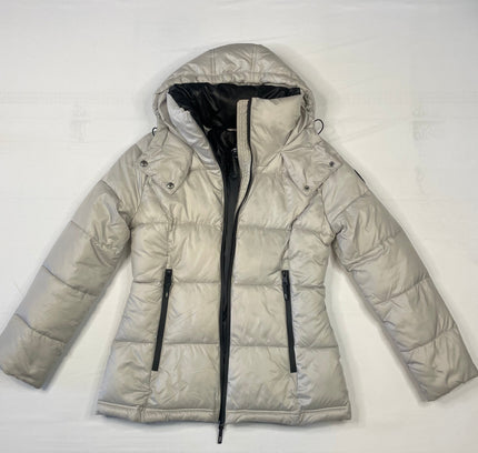 Kenneth Cole Light Grey & Black Hooded Puffer Jacket - Size Small