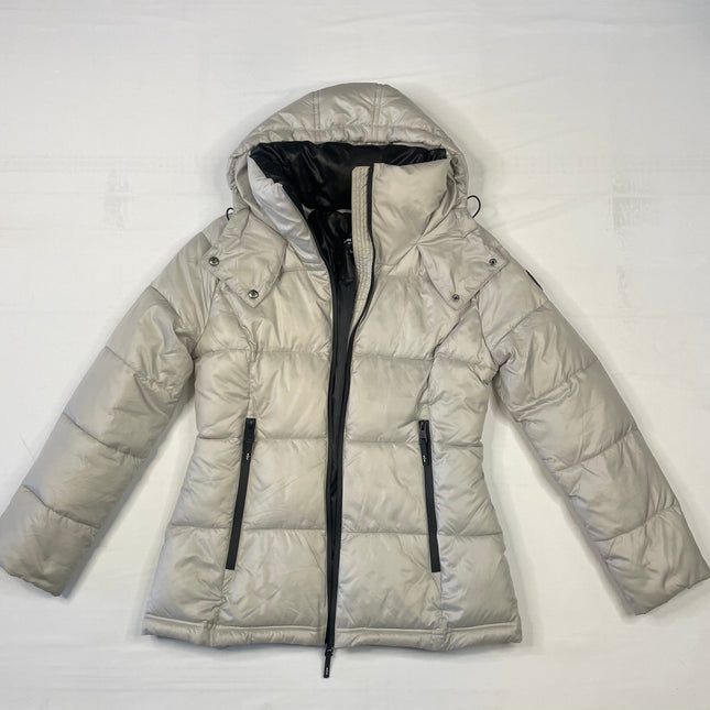 Kenneth Cole Light Grey & Black Hooded Puffer Jacket - Size Small