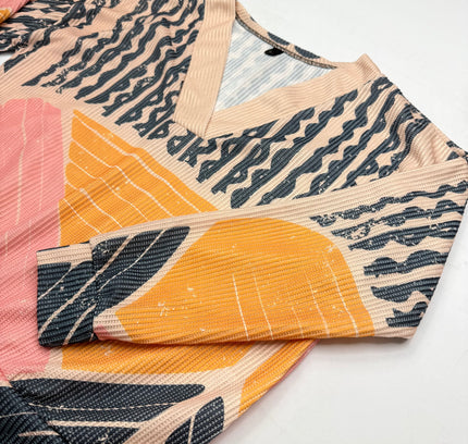 Retro Abstract Geometric V-Neck Long sleeve Top - Multicolor - Size XL