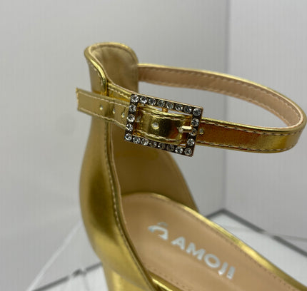 Amoji Gold Metallic Block Heel Ankle Strap Sandals - Size 37 (US 6.5-7)