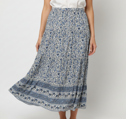 No Comment Blue Floral Tiered Midi Skirt - size Large