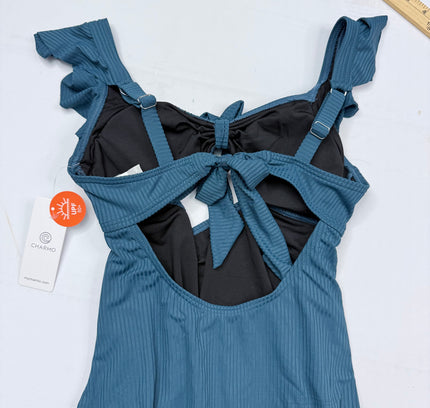 Charmo Ribbed Ruffle One-Piece Swimsuit - Teal Blue SMALL
