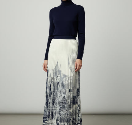 Architectural Cityscape Print Pleated Maxi Skirt - Size M