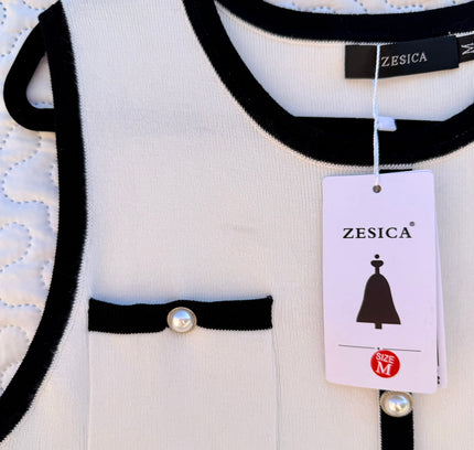 Zesica White Sleeveless Knit Dress with Black Trim & Pearl Buttons - Size M