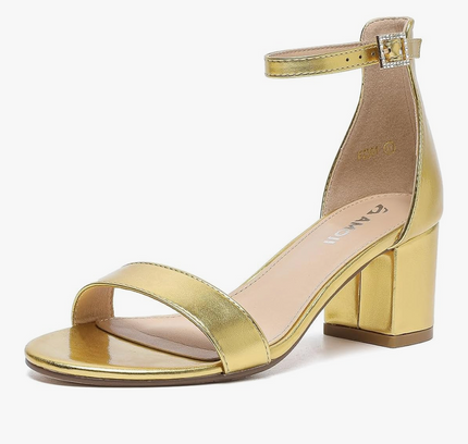 Amoji Gold Metallic Block Heel Ankle Strap Sandals - Size 37 (US 6.5-7)