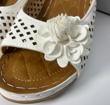 White Perforated Slingback Sandals with Floral Detail - Size 7.5