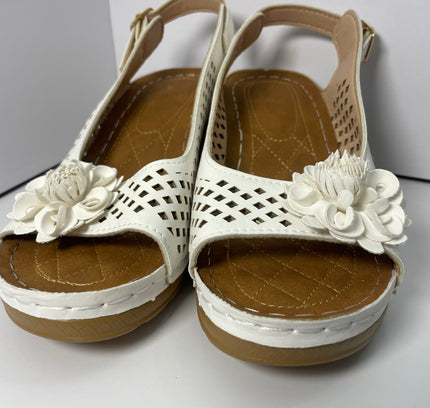 White Perforated Slingback Sandals with Floral Detail - Size 7.5