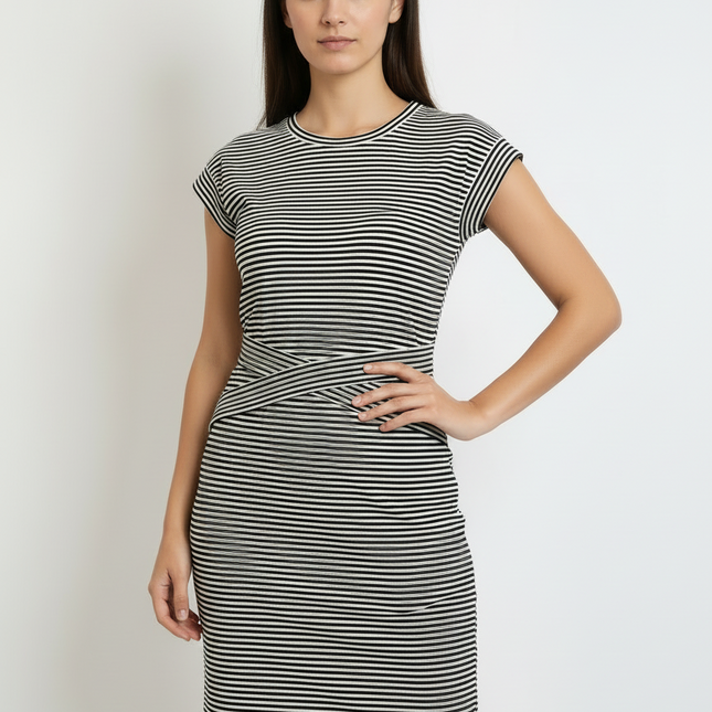 Merokeety Black & White Striped Twist Waist Dress - Size Medium