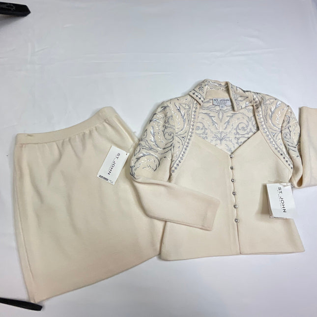 St John Cream Knit Suit with Embellished Jacket - Size 4