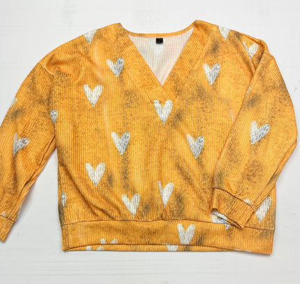Golden Yellow Heart Print Textured Pullover - Size XL