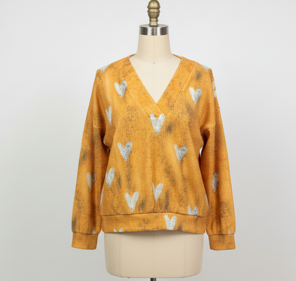 Golden Yellow Heart Print Textured Pullover - Size XL