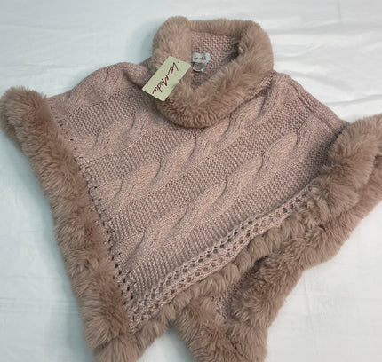 Le Moda Blush Cable Knit Poncho with Fur Trim - One Size -With Tags