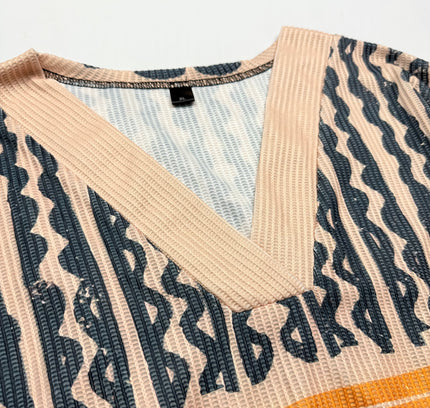 Retro Abstract Geometric V-Neck Long sleeve Top - Multicolor - Size XL