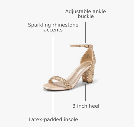 Champagne Rhinestone Block Chunky Heel Ankle Strap Sandals - Size 8.5 Dream Pairs